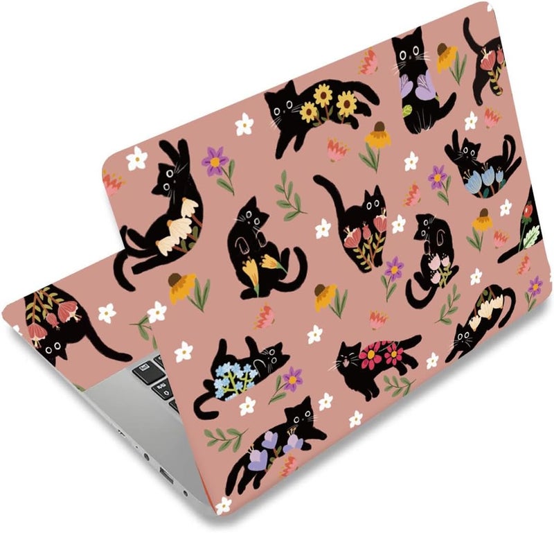 SUPERDANT Black Cat Laptop Skin Cute Kitten Holding Flowers Laptop Sticker PVC Computer Stickers Dustproof Waterproof Art Decal Protector 12" 13" 13.3" 14" 15" 15.4" 15.6" Notebook Art Decal Pink - Image 1